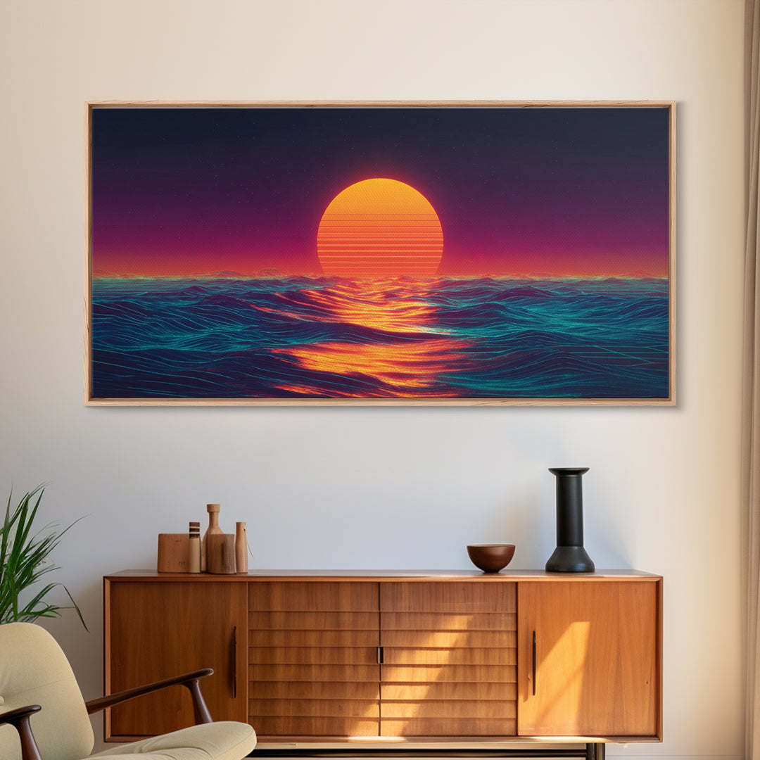 Retro Futuristic Neon Sunset Over Ocean Vibrant Wave Wall Art Canvas Print For Modern Living Room Decor