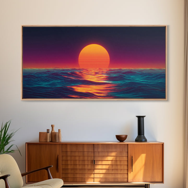 Retro Futuristic Neon Sunset Over Ocean Vibrant Wave Wall Art Canvas Print For Modern Living Room Decor