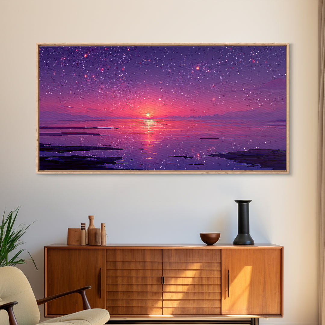 Starry Purple Night Sunset Over Calm Lake Landscape Wall Art Framed Canvas Print With Dreamy Celestial Sky And Tranquil Water Reflections