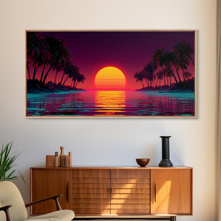 Vibrant Sunset Over Tropical Beach With Palm Trees Canvas Print Colorful Wall Art Modern Coastal Decor