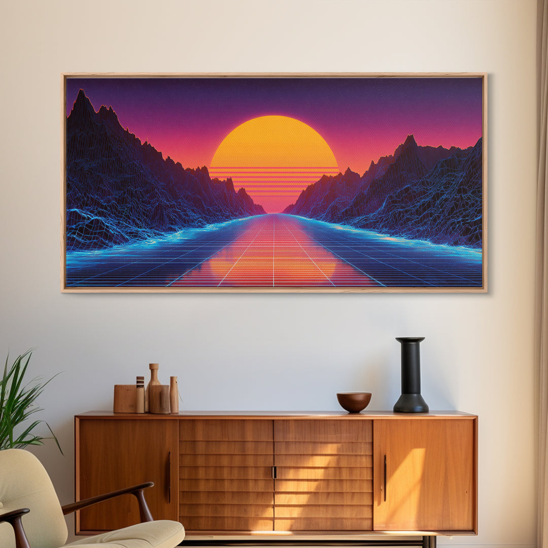 Retro Futuristic Neon Sunset Landscape With Grid Road Abstract Digital Canvas Print Modern Wall Art For Bedroom And Office Decor