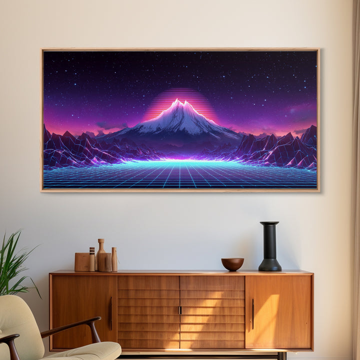 Retro Futuristic Digital Landscape Of Neon Grid And Majestic Mountain Scene Wall Art Modern Canvas Print For Unique Decor