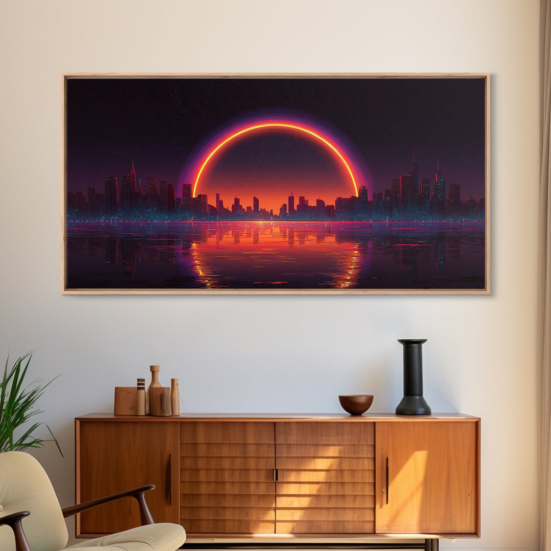 Vibrant Futuristic Cyberpunk Cityscape With Neon Sunset Reflection Wall Art Canvas Print Bright Modern Home Office Decor