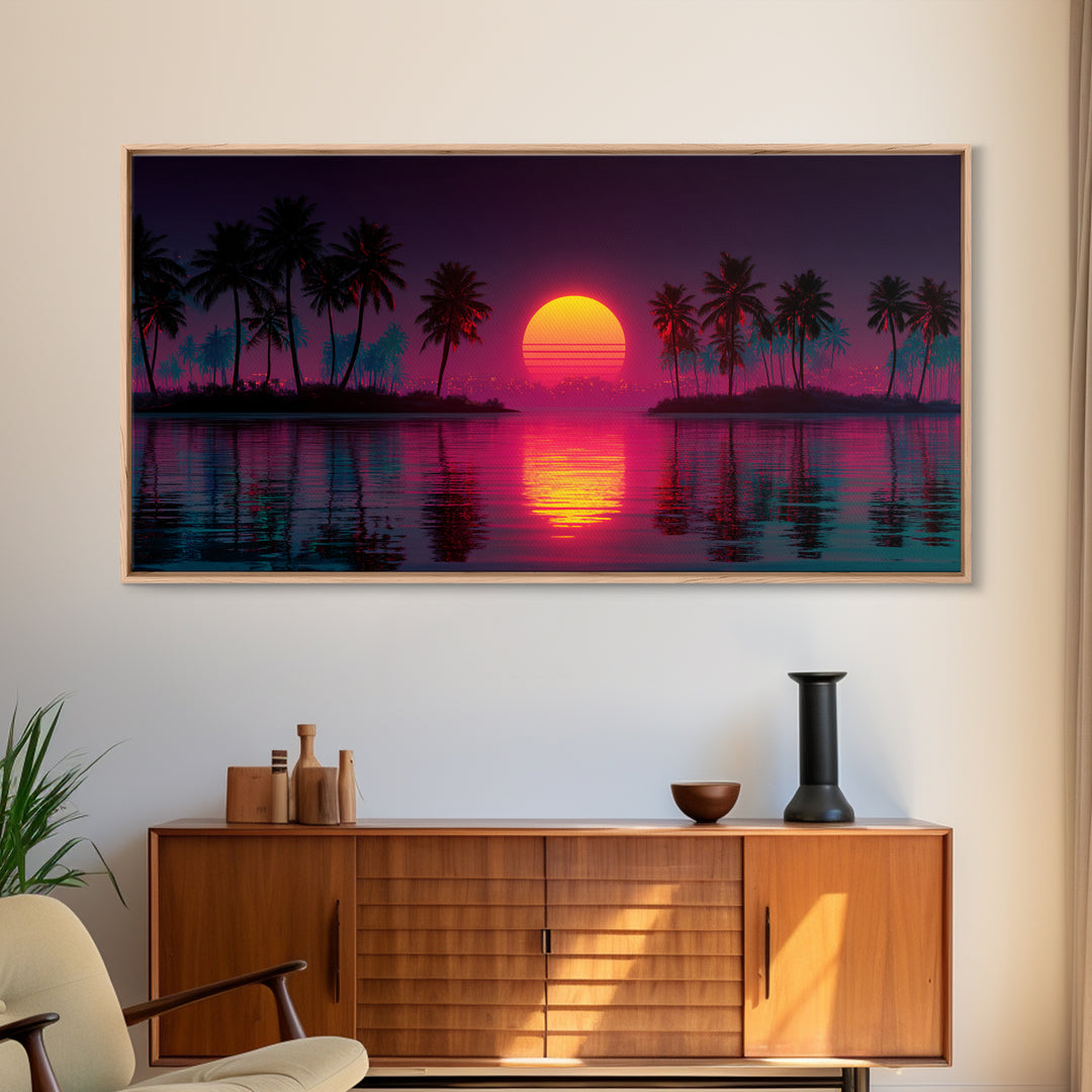 Vibrant Retro Sunset With Palm Trees Coastal Wall Art Framed Canvas Print For Tropical Home Decor