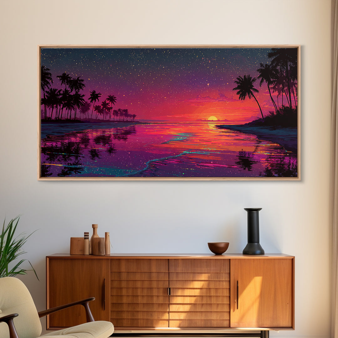Vibrant Sunset Over Tropical Beach With Palm Trees And Colorful Reflection Canvas Print Modern Wall Art