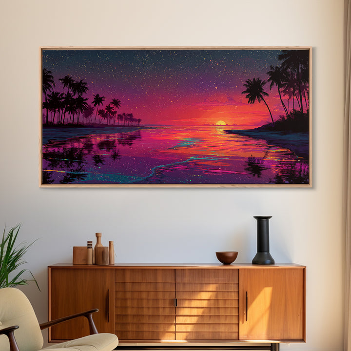 Vibrant Sunset Over Tropical Beach With Palm Trees And Colorful Reflection Canvas Print Modern Wall Art