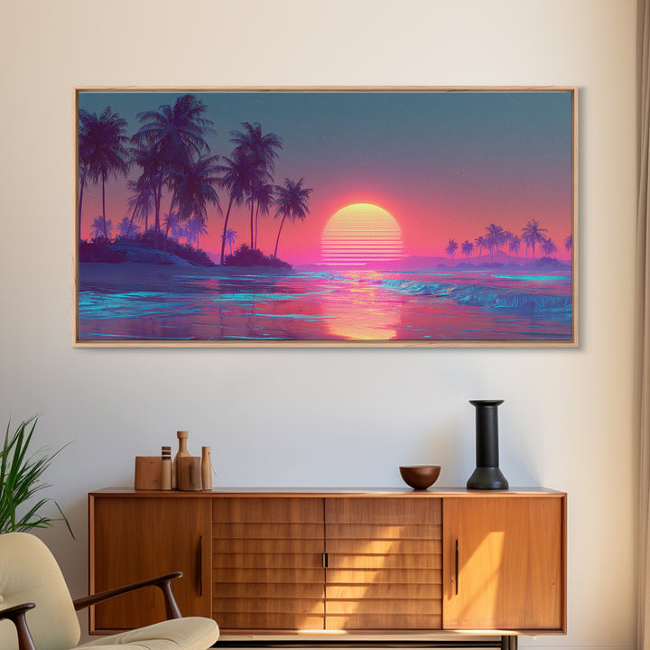 Pink And Blue Vibrant Tropical Beach Sunset With Palm Trees Coastal Wall Art Canvas Print Modern Boho Home Decor For Living Room Or Bedroom