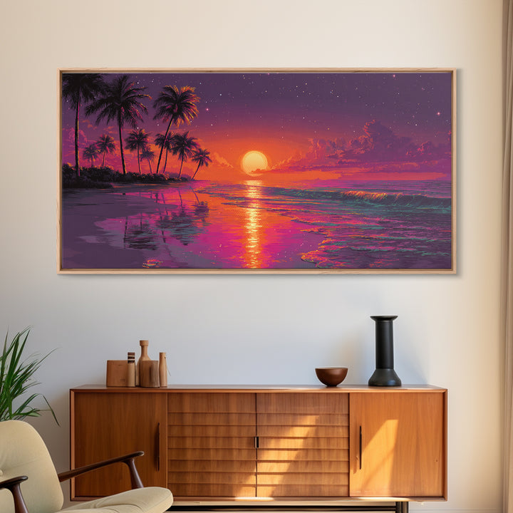 Vibrant Abstract Landscape With Neon Sunset And Mountains Canvas Print Modern Wall Art Contemporary Decor Living Room Art