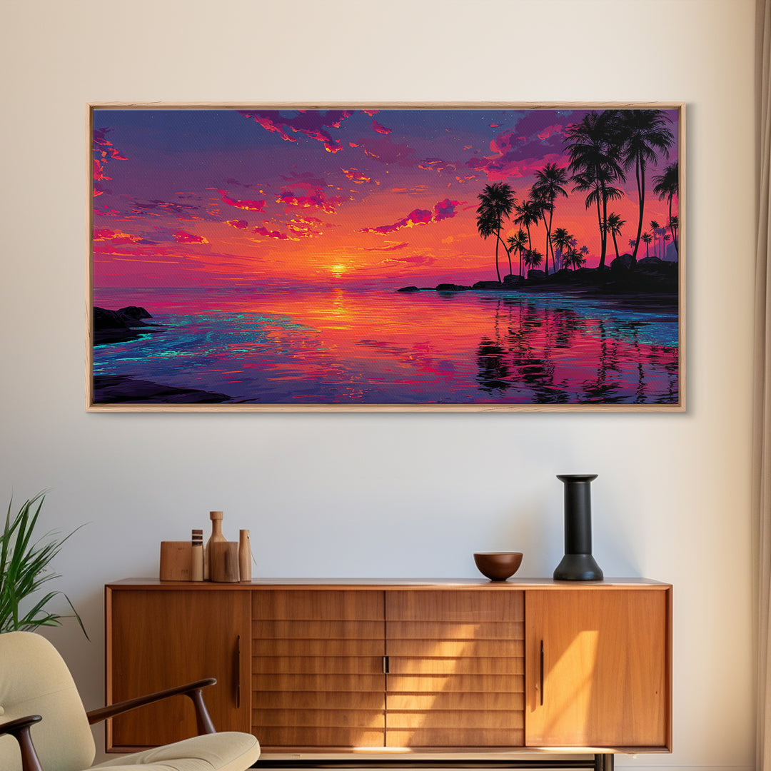 Beautiful Tropical Sunset Over Calm Ocean With Palm Trees Coastal Wall Art Framed Canvas Print For Bedroom Or Vacation Home Decor