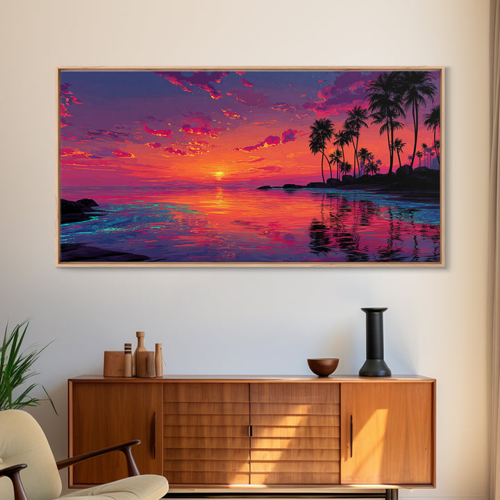 Beautiful Tropical Sunset Over Calm Ocean With Palm Trees Coastal Wall Art Framed Canvas Print For Bedroom Or Vacation Home Decor