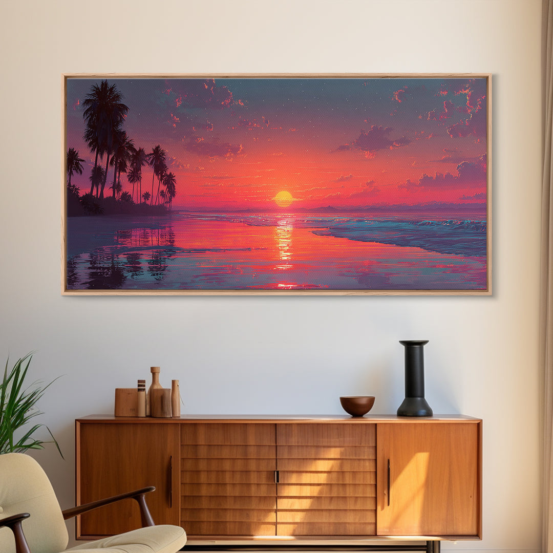 Tropical Sunset Over Calm Ocean With Palm Trees Beautiful Nature Scene Wall Art Framed Canvas Print For Home Decor