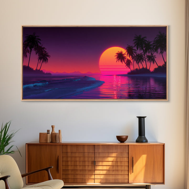 Retro Neon Sunset Over Ocean With Palm Trees And Vibrant Pink Horizon Tropical Wall Art Framed Canvas Print For Coastal Decor