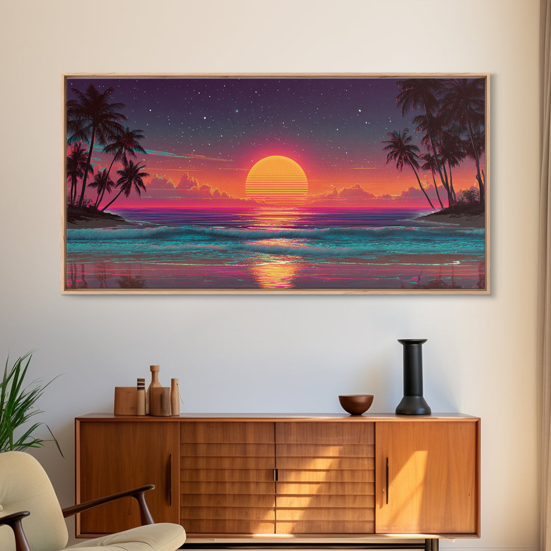 80s Style Digital Sunset Beach Scene With Palm Trees Retro Aesthetic Coastal Wall Art