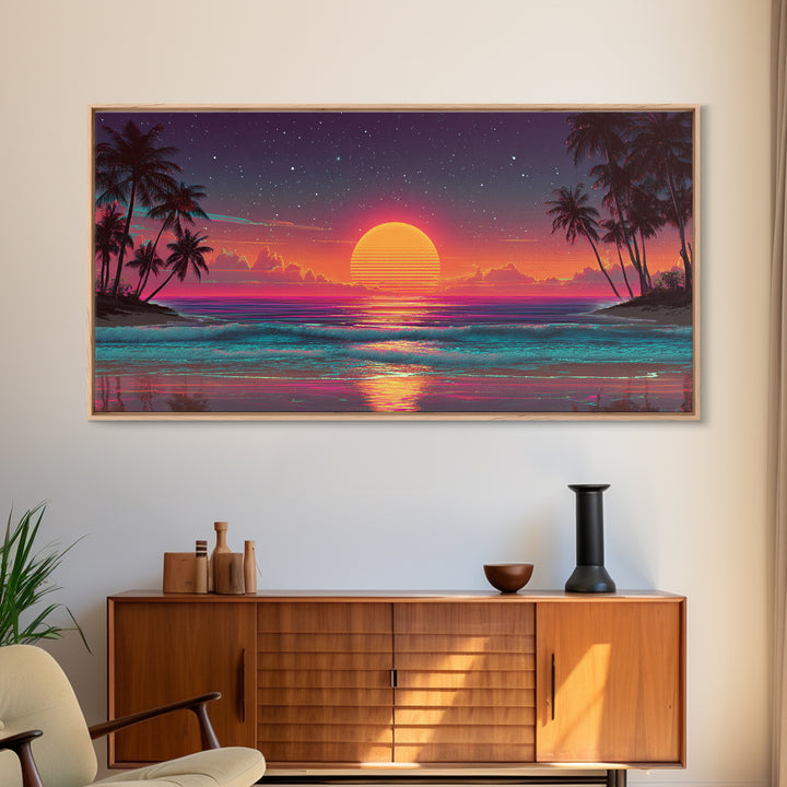 80s Style Digital Sunset Beach Scene With Palm Trees Retro Aesthetic Coastal Wall Art