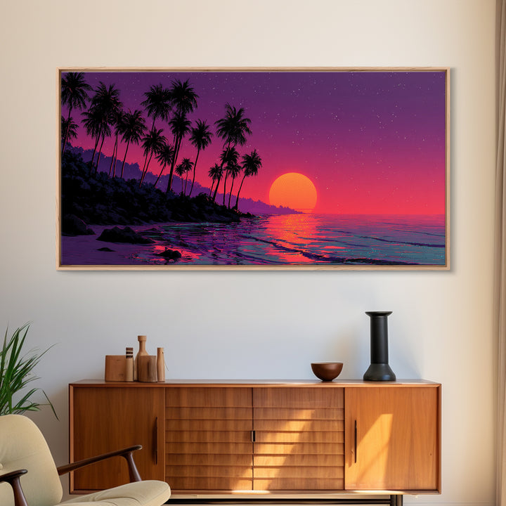 Vivid Tropical Sunset Over Ocean With Palm Trees Silhouette Canvas Print Large Wall Art For Living Room Decor And Coastal Home