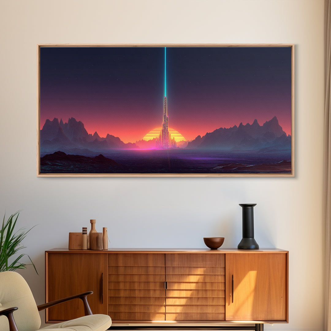 Digital Art Cityscape With Tower And Neon Beam At Sunset Colorful Futuristic Wall Art Framed Canvas Print