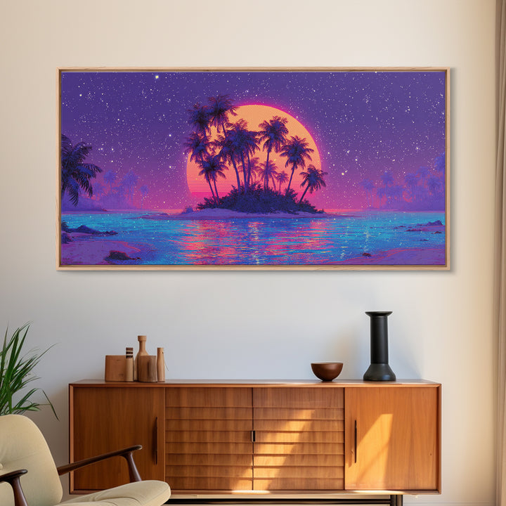Vibrant Neon Sunset Over Tropical Island With Palm Trees Canvas Print For Modern Wall Art Home Decor