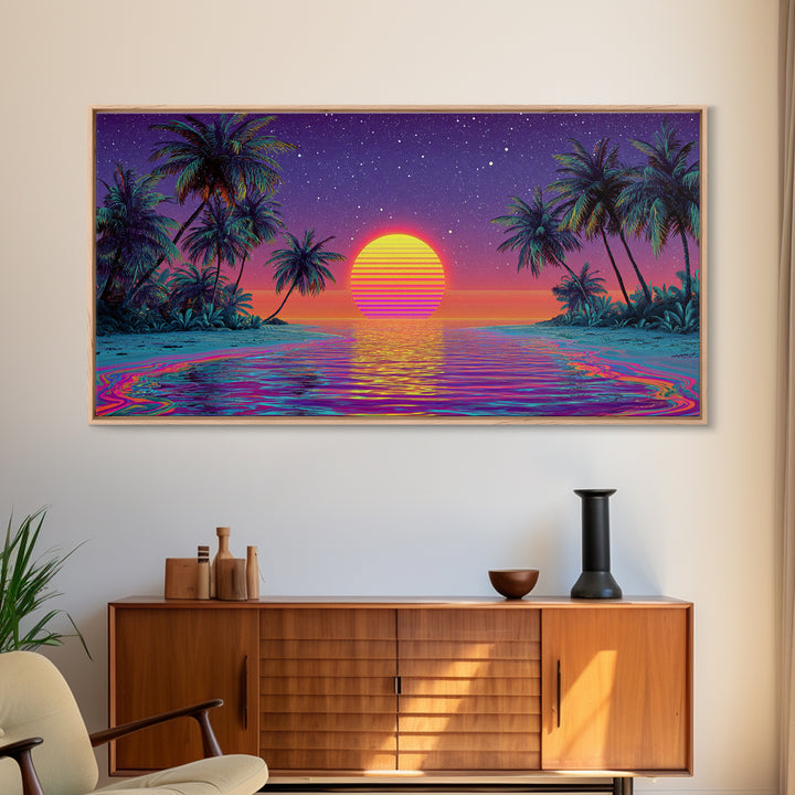 Vibrant Neon Tropical Sunset With Palm Trees And Starry Sky Beach Wall Art Modern Wall Decor Canvas Print