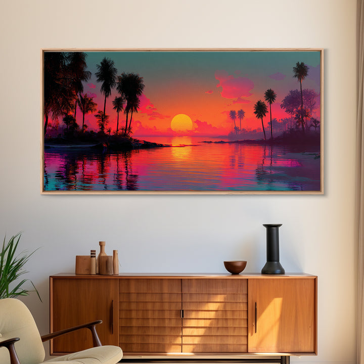 Vivid Pink Orange Tropical Sunset Over Calm Ocean With Palm Trees Coastal Wall Art Framed Canvas Print Bohemian Beach Home Decor Wall Decor