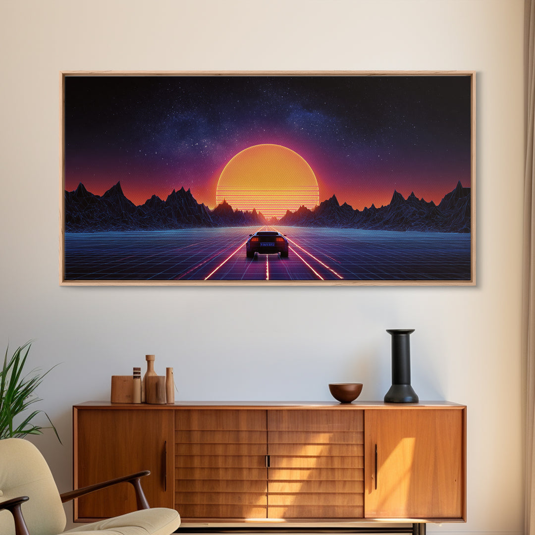 Retro Futuristic 80s Style Neon Sunset With Grid Road And Mountains Vibrant Digital Artwork Ideal For Gaming Room Wall Art And Modern Home Decor Canvas Print