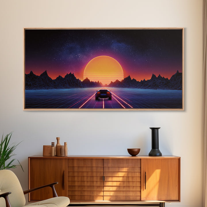 Retro Futuristic 80s Style Neon Sunset With Grid Road And Mountains Vibrant Digital Artwork Ideal For Gaming Room Wall Art And Modern Home Decor Canvas Print
