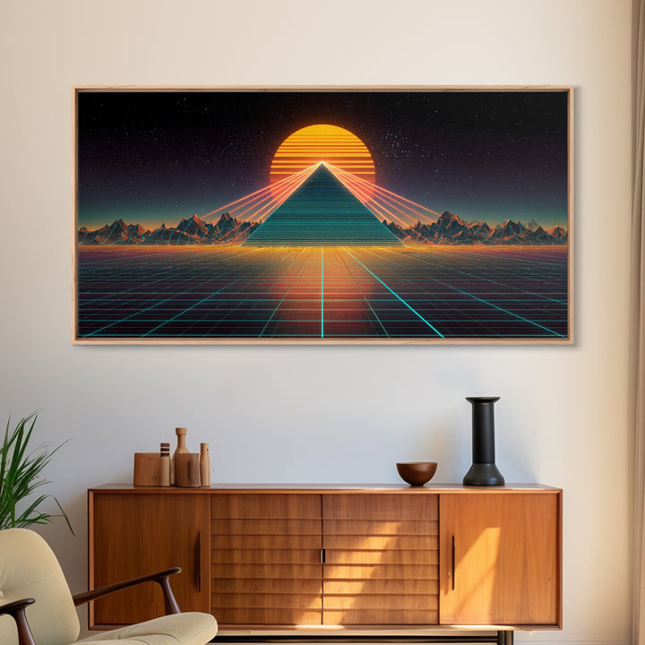 Futuristic Neon Pyramid With Laser Lights At Sunset Digital Artwork, Modern Wall Art Framed Canvas Print For Contemporary Home Decor