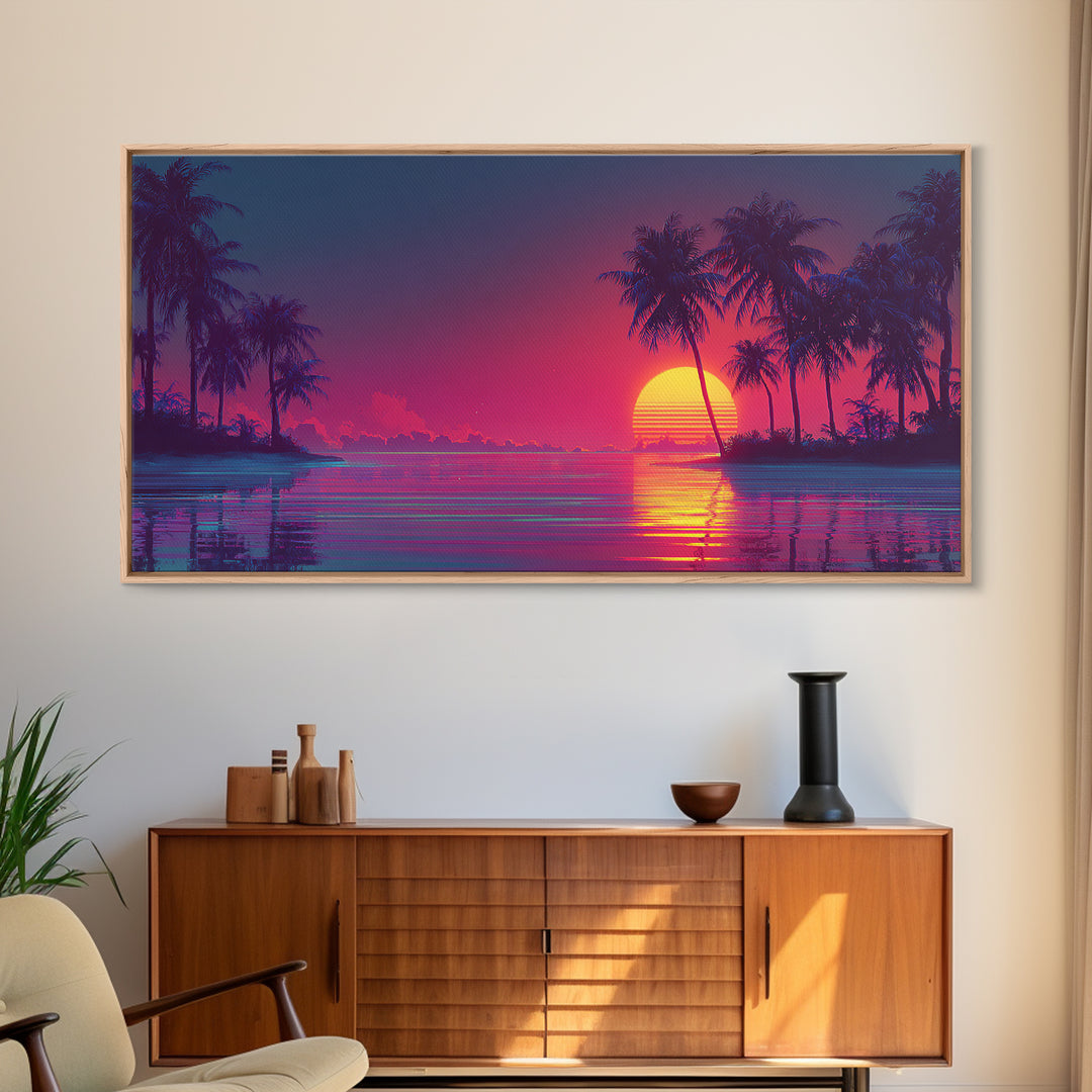 Vibrant Retro Sunset Beach Scene With Palm Trees And Ocean Reflection Wall Art