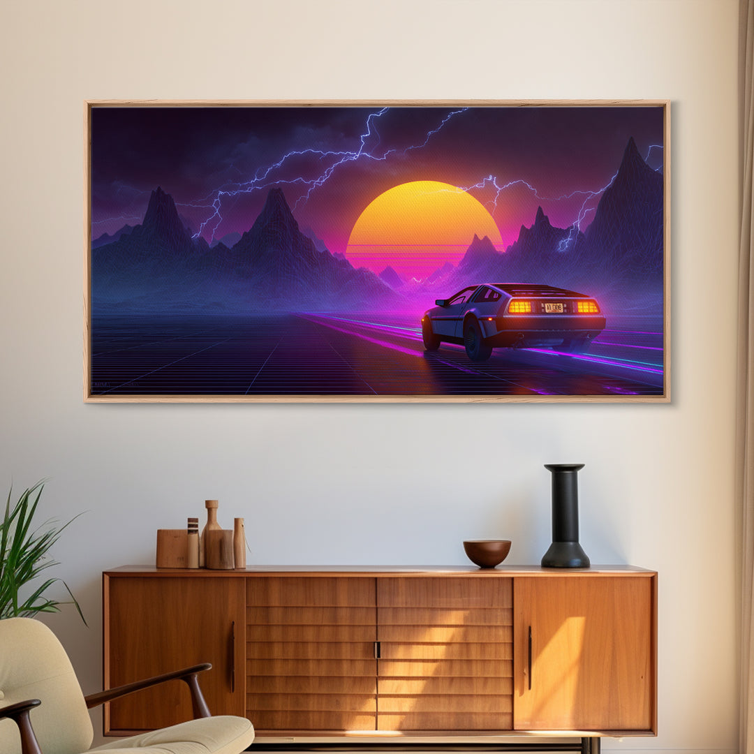 Retro Futuristic Neon Landscape With DeLorean Car Canvas Print Synthwave Wall Art Abstract Wall Decor Modern Home Decor