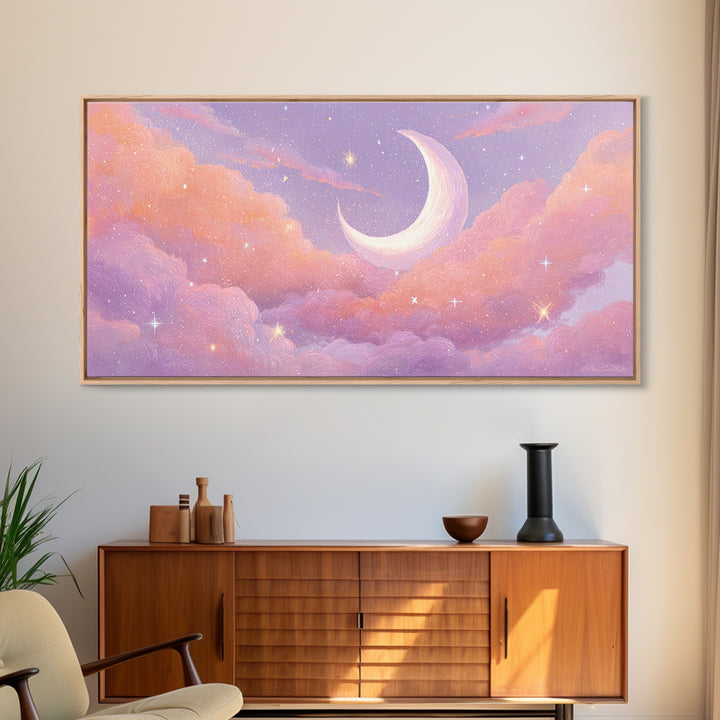 Pastel Crescent Moon In Pink Clouds Wall Art, Celestial Nursery Decor, Dreamy Bedroom Print, Whimsical Starry Sky, Aesthetic Room Decor