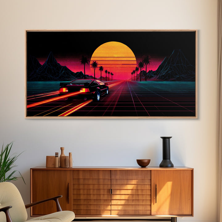 Retro Futuristic Sunset With Sportscar And Palm Trees Neon Vibes Canvas Print For Gaming Room Or Office Decor