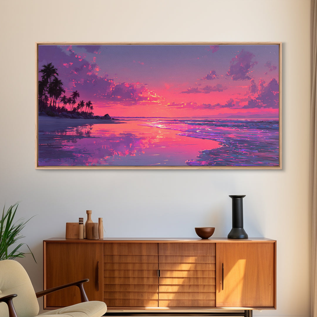 Peaceful Pink Sunset At Tropical Beach Ocean Landscape Wall Art Framed Canvas Print Coastal Home Decor