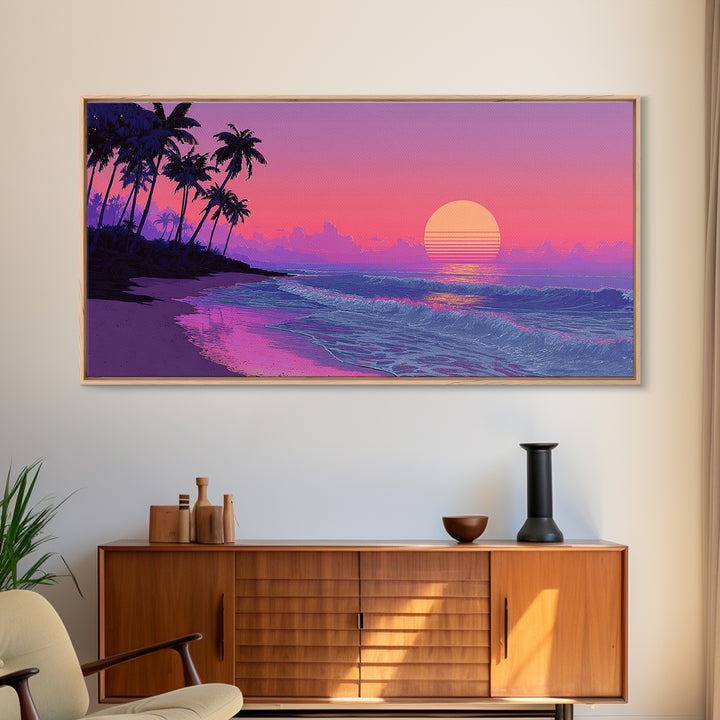 Bright Sunset Seaside Beach Landscape Digital Painting Large Wall Art For Living Room Decor Canvas Print