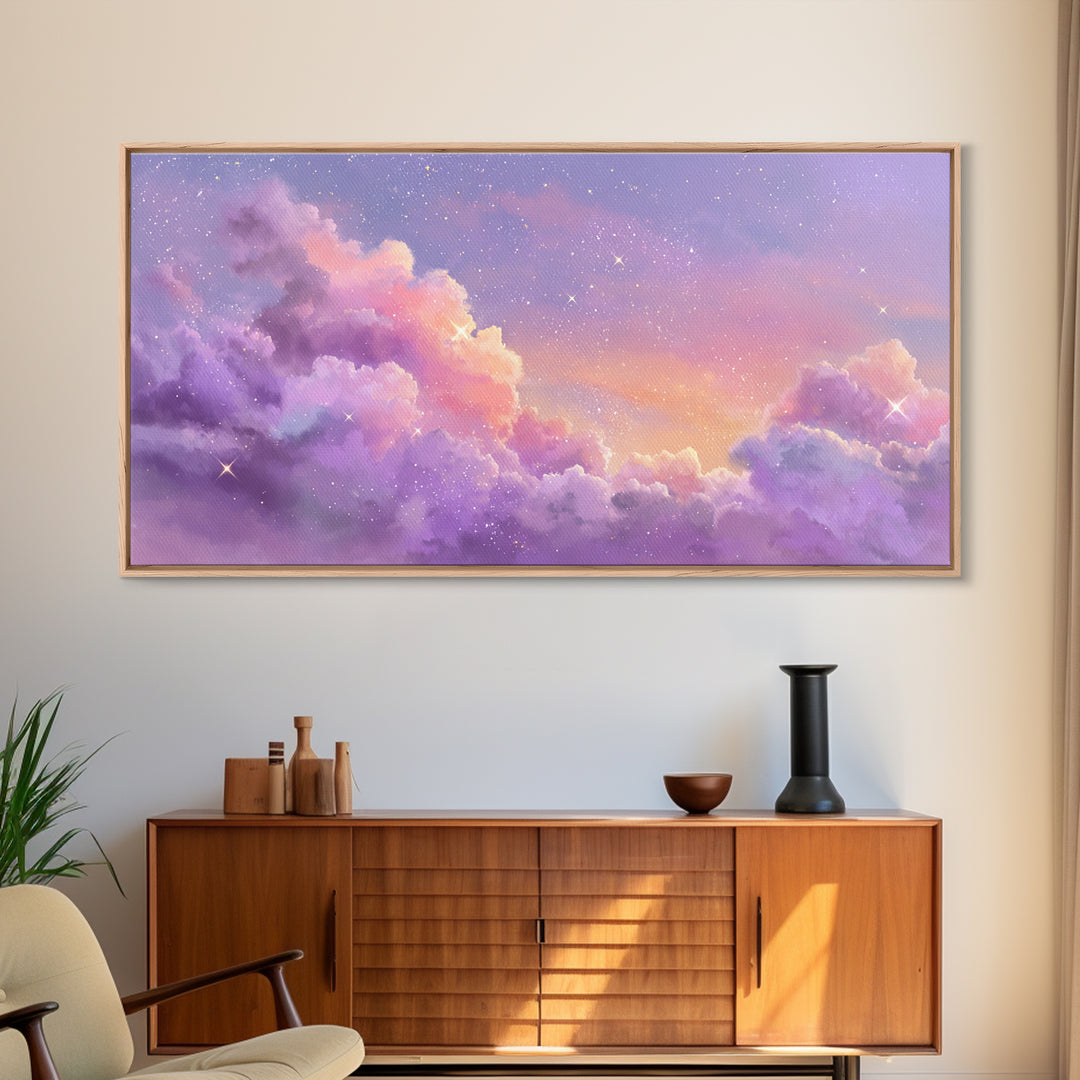Purple Starry Clouds At Sunset Canvas Print, Dreamy Celestial Wall Decor, Pastel Sky Bedroom Art, Whimsical Room Decor Gift