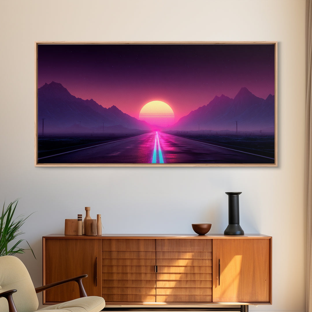 Surreal Sunset Road Landscape Featuring Mountains And Vibrant Sky Framed Canvas Print Modern Wall Art For Living Room