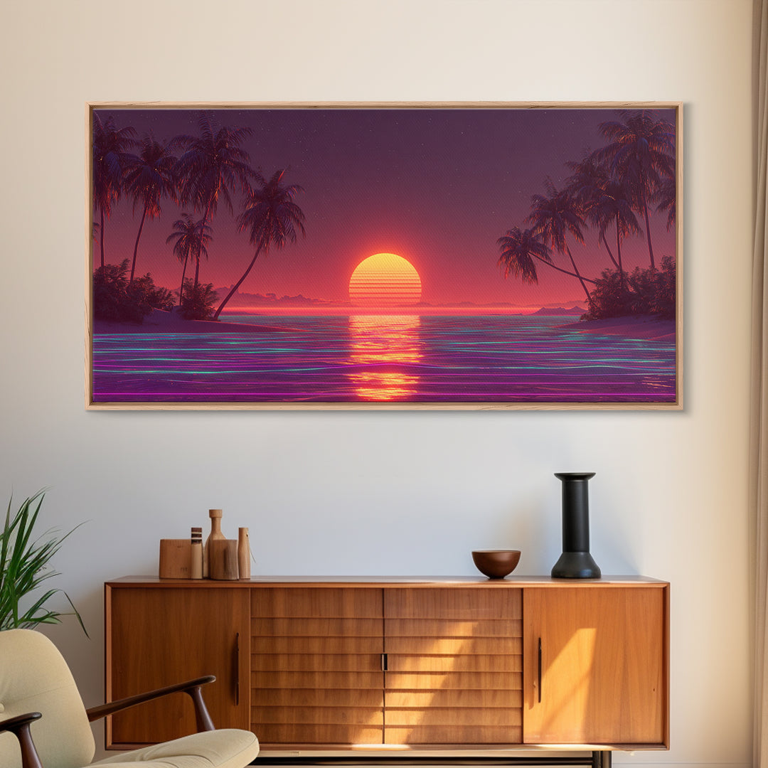 Vibrant Neon Red Sunset Over Ocean With Palm Trees Canvas Print Colorful Coastal Wall Art Tropical Beach Decor