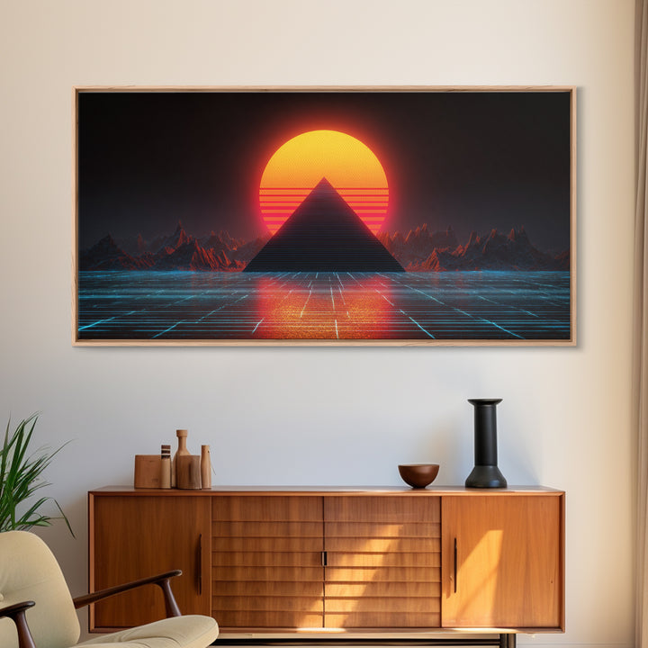 Retro Futuristic Neon Pyramid Sunset Sci Fi Digital Artwork Wall Art For Modern Home Office Decor Framed Canvas Print