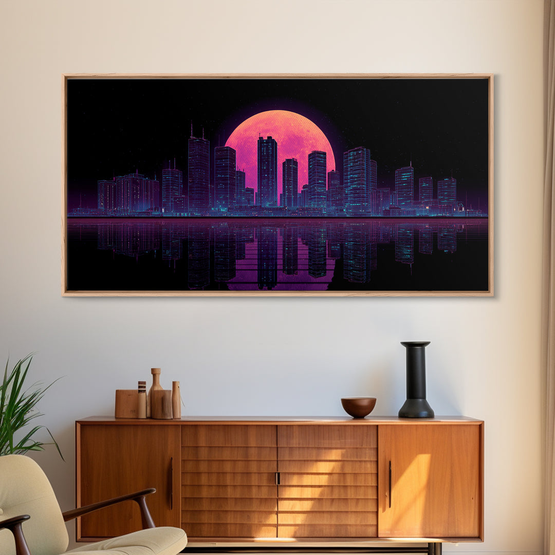 Futuristic Neon Cityscape Night Skyline With Pink Full Moon Canvas Print Urban Wall Art Print Decor
