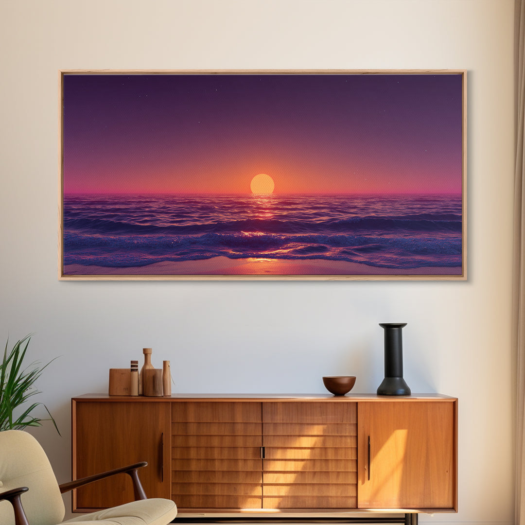 Vibrant Sunset Over Calm Ocean Waves With Pink And Purple Sky Beautiful Coastal Wall Art Framed Canvas Print For Bedroom Decor