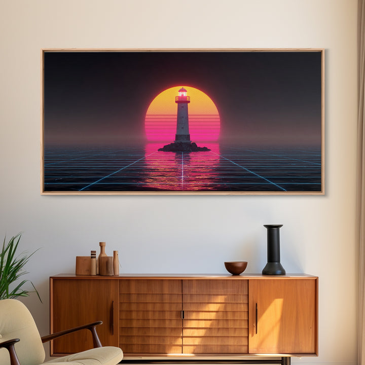 Retro Futuristic Neon Lighthouse Digital Painting Canvas Print Trendy Wall Art Modern Home Decor For Living Room And Office
