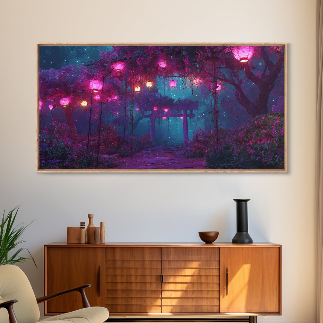 Tranquil Japanese Garden Pathway With Lanterns And Torii Gate At Night Atmospheric Wall Art Canvas Print