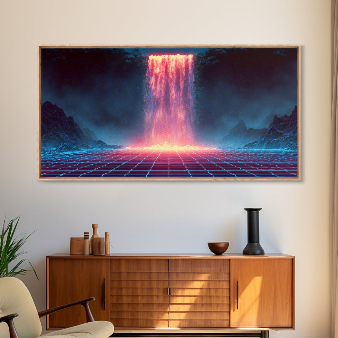 Glowing Neon Digital Waterfall With Futuristic Mountains Wall Art Framed Canvas Print Unique Modern Art Decor For Office Or Living Room