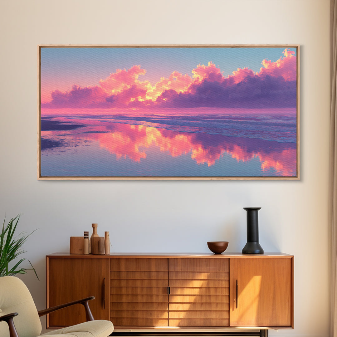 Surreal Pink Cloudy Beach Sunset Reflection Wall Art Framed Canvas Print For Living Room Home Decor Coastal Art