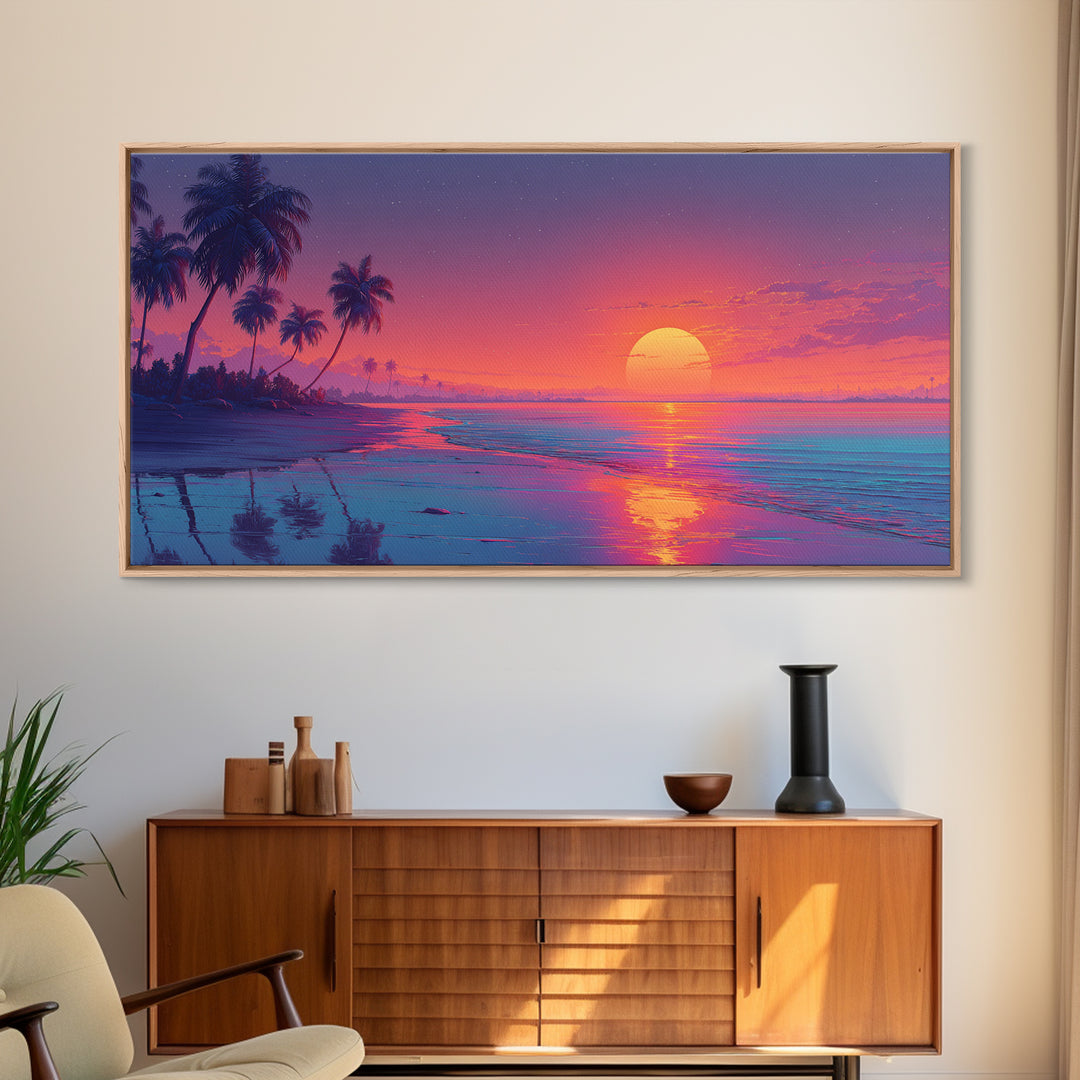 Serene Sunset Tropical Beach Landscape Digital Painting Large Wall Art For Living Room Framed Canvas