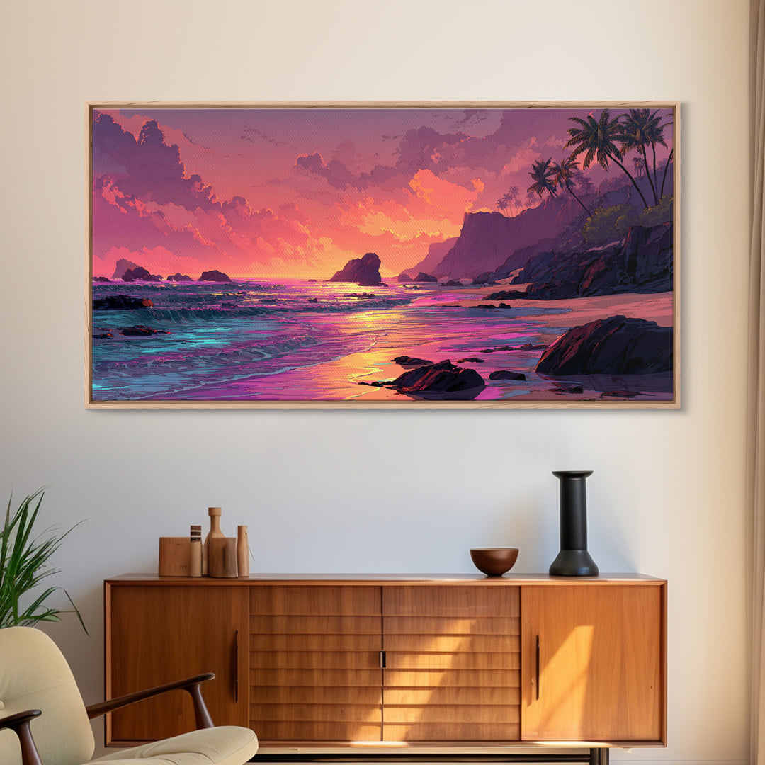Colorful Sunset Coastal Landscape Canvas Print Vibrant Seascape Wall Art Modern Beach Home Decor