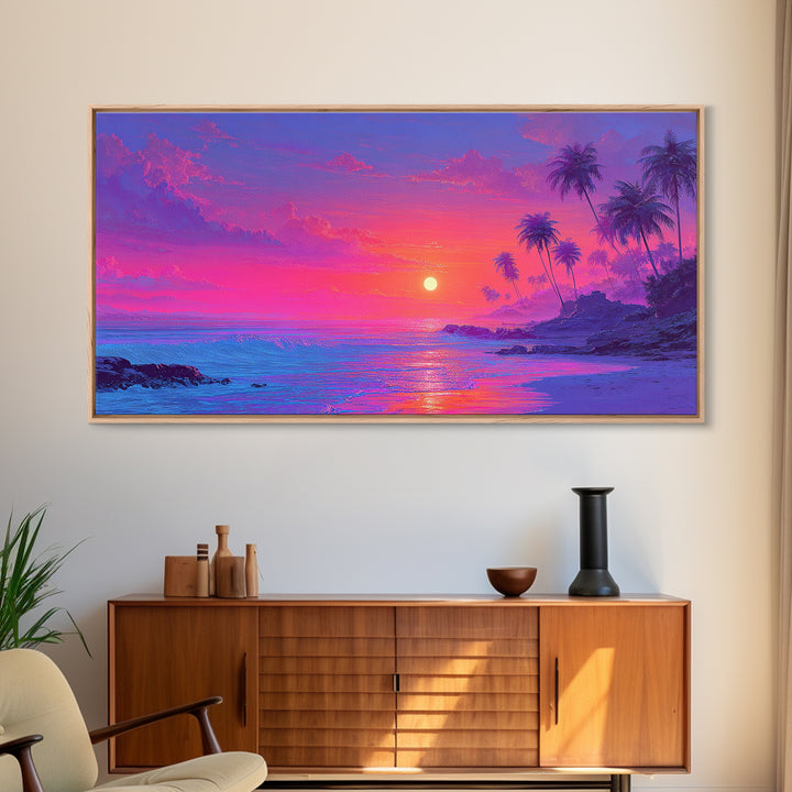 Tropical Sunset Beach With Palm Trees And Calm Ocean Waves Canvas Print Large Wall Art For Bedroom Coastal Home Decor Prints