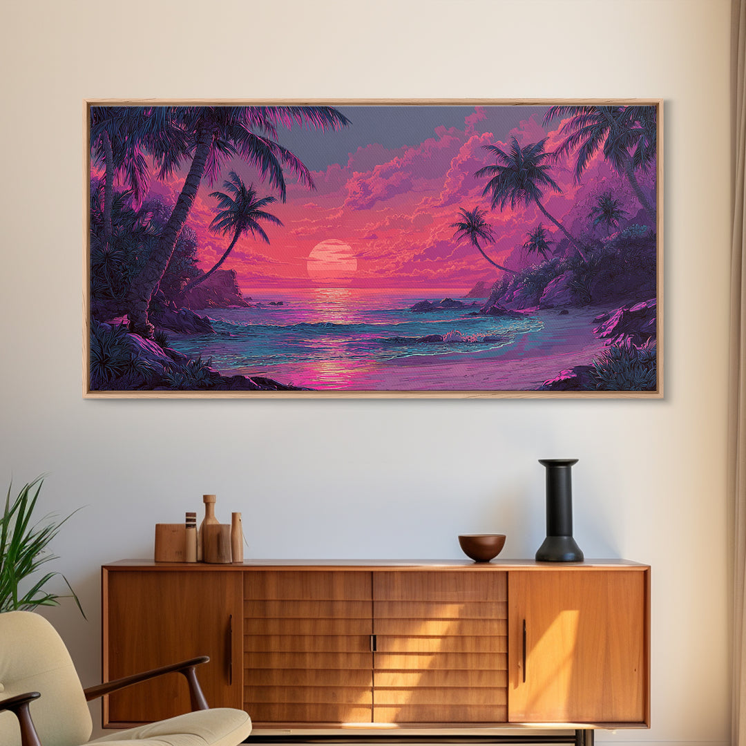 Tropical Pink Sunset Over Quiet Beach With Palm Trees Vibrant Coastal Wall Art Canvas Print For Modern Home Decor