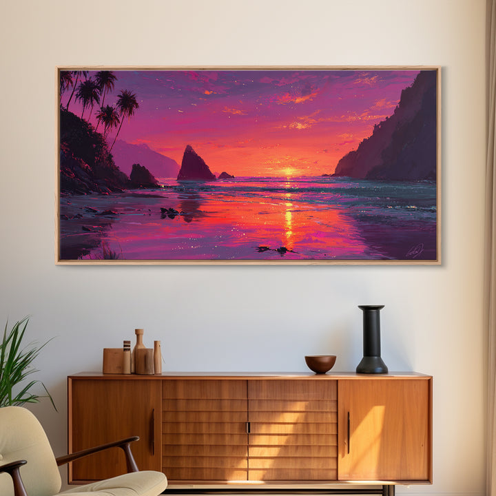 Vibrant Sunset Over Rocky Coastal Landscape Framed Canvas Print Large Wall Art For Modern Living Room And Contemporary Home Decor
