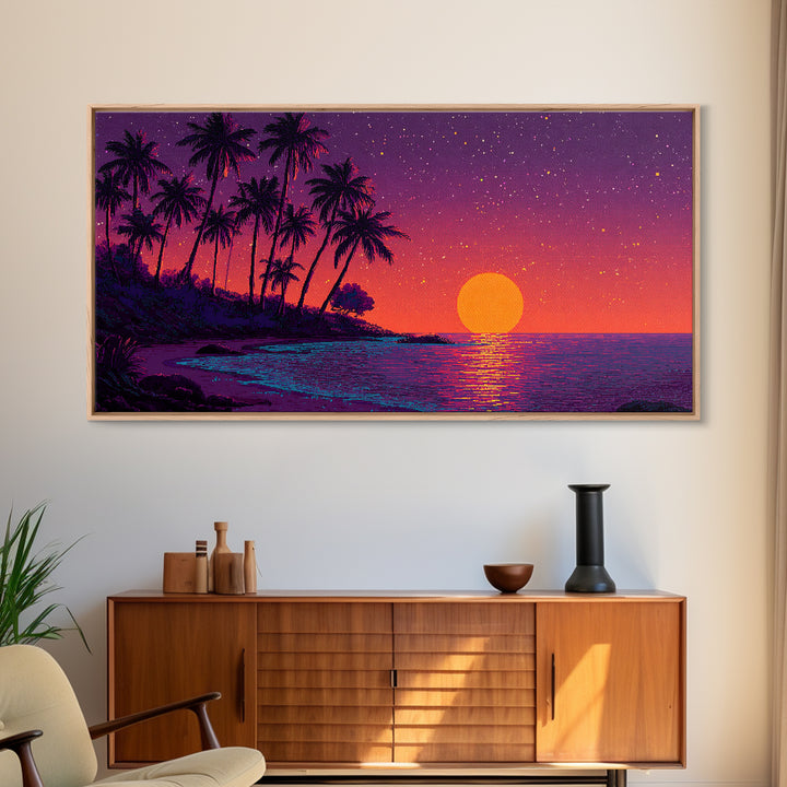 Pixel Art Vibrant Tropical Sunset Beach Scene With Palm Trees Retro Style Wall Art Framed Canvas Print For Coastal Decor