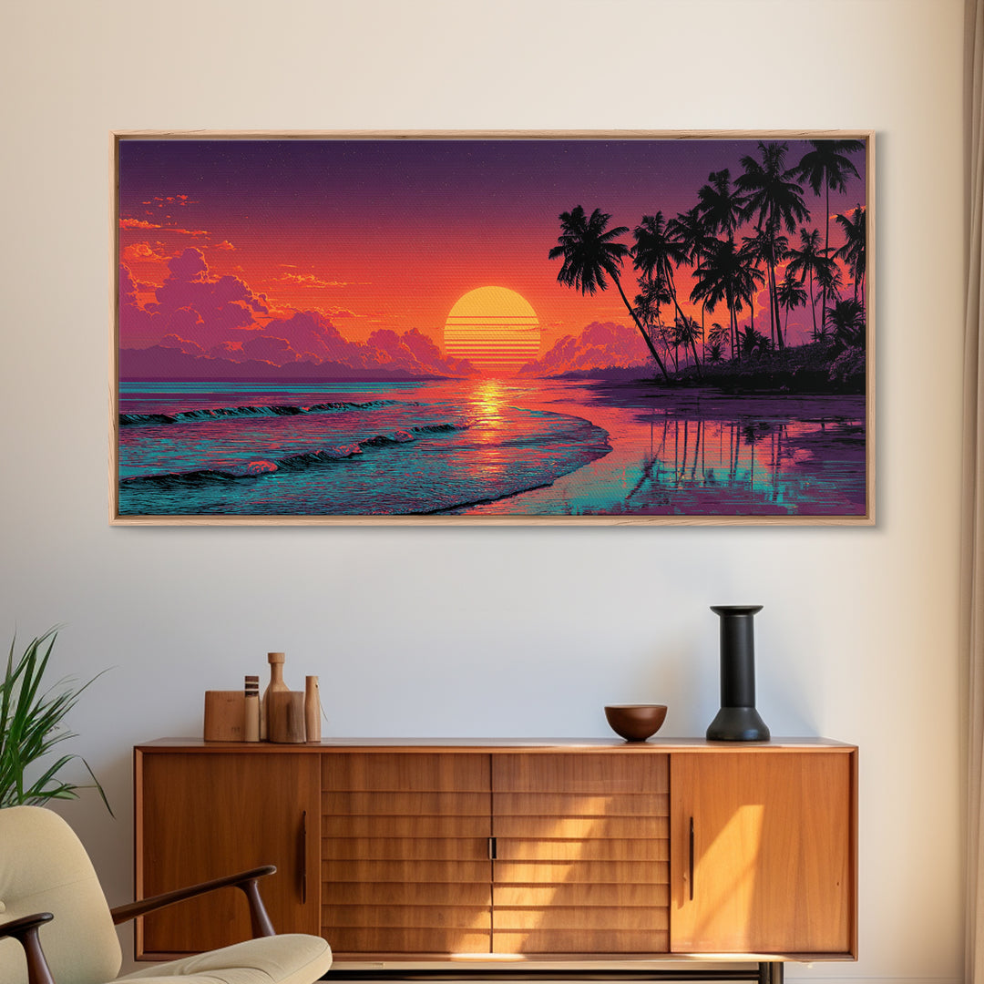Sunset Tropical Beach Scene With Palm Trees And Calming Ocean Waves Aesthetic Wall Art For Coastal Home Decor
