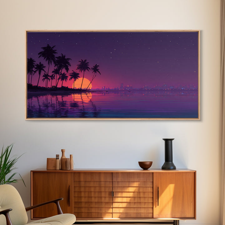 Digital Retro Sunset Beach Scene With Palm Trees Silhouettes Vibrant Coastal Wall Art Modern Wall Art Canvas Print